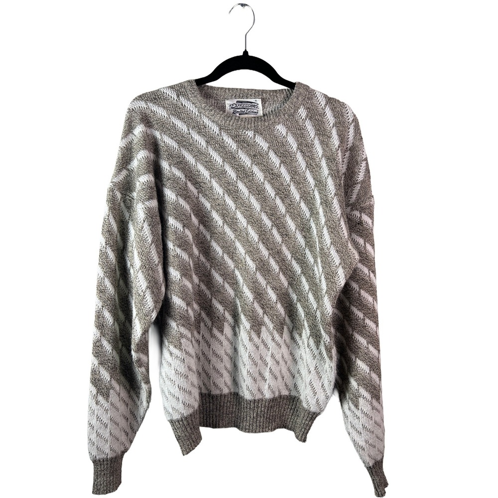 80s Vintage Expressions Knit Sweater Men XL Brown White Geometric